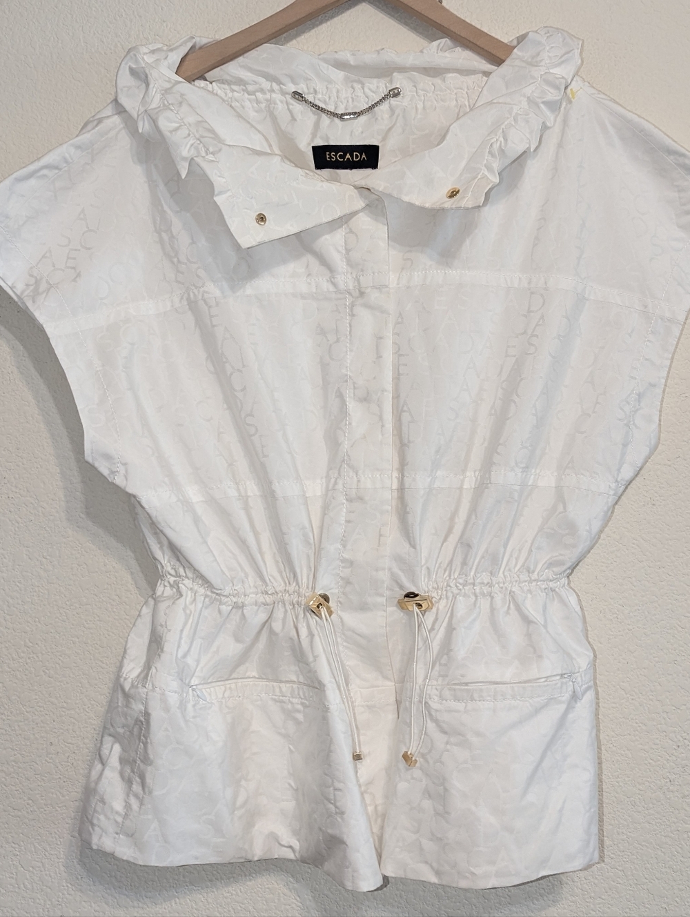 ESCADA Sz 42/12 US Logo Monogram White High Collar Jacket Vest Drawstring